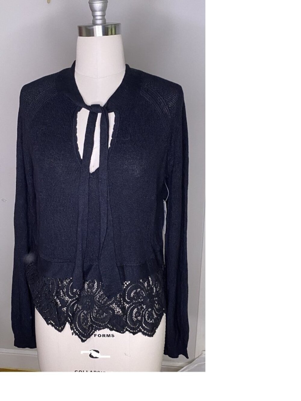 Anthropologie lace pieced tunic tie front sweater top new with tag M black